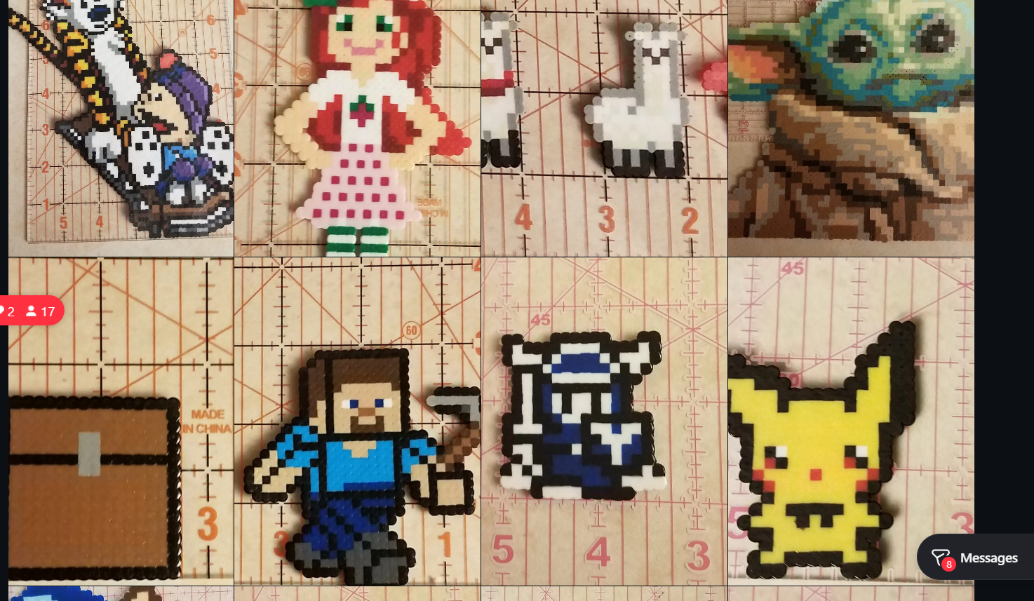 Close up grid of handmade perler bead sprites